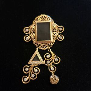 Vintage Victorian Revival Style Gold Black Rhinestone Pin Brooch with Dangley Bi